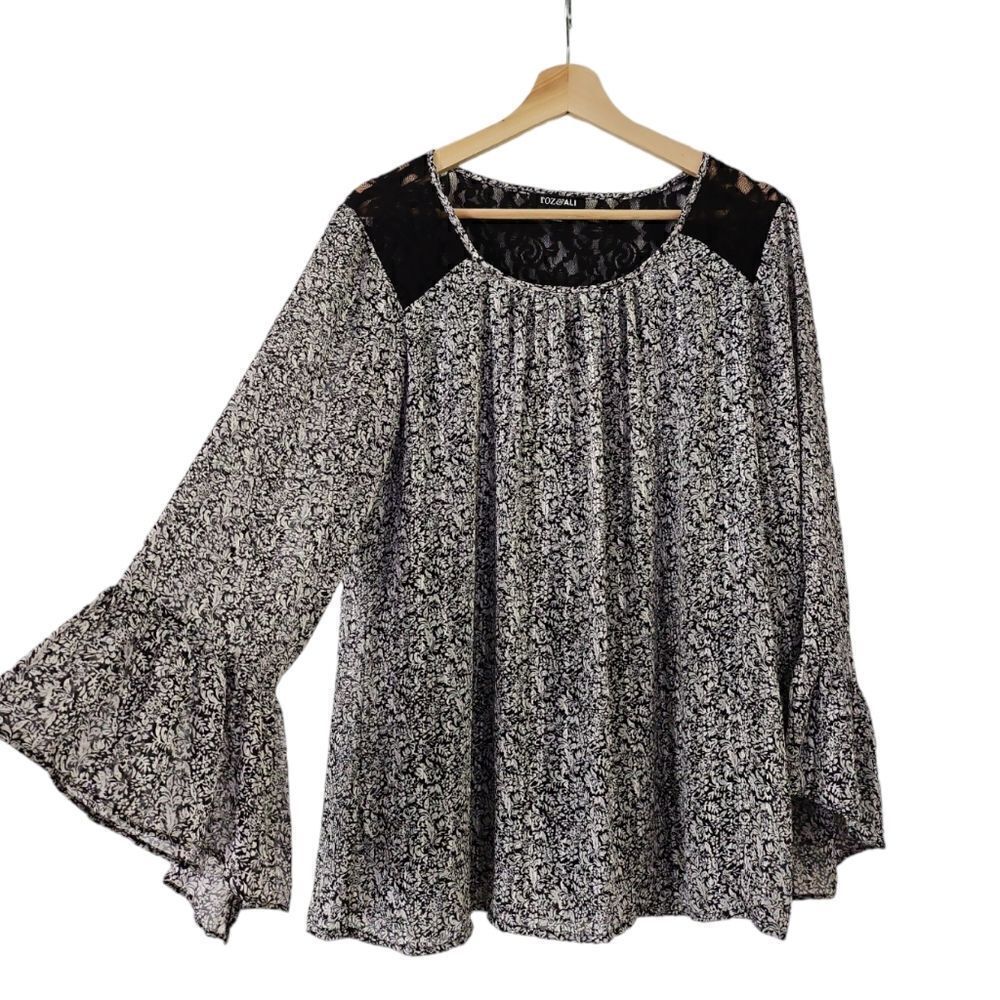 2/$15 Roz & Ali Black Gray Floral Lace Back Trim Bell Sleeve Shirt Blouse Top L